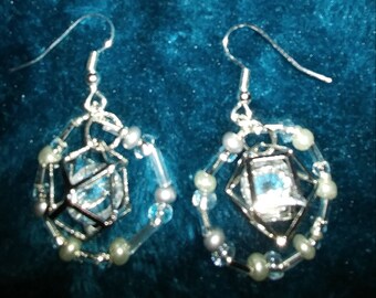 Silver Octagon And Crystal Dangle Earrings