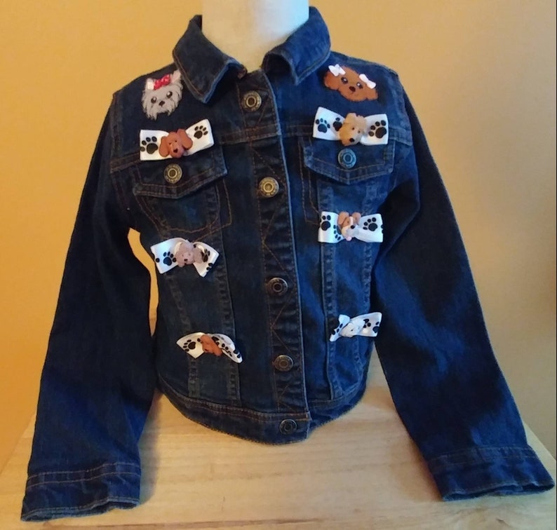 Beautiful Denim Child/'s Bows and Puppy Dogs embellished jacket size 6 for a special little girl