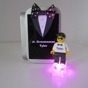 personalized name gift box card toy figure page junior groomsman jr personalised tux bow tie with LED light