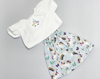18 inch poppenkleertjes – outfit geborduurd eenhoorn shirt en rok