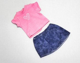 Conjunto de ropa para muñeca de 18 pulgadas: camisa bordada y falda vaquera