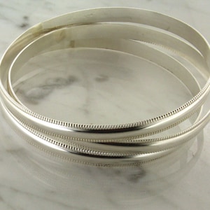 One Beaded Edge Patterned Handmade Bracelet - Sterling Silver Bangle Bracelet - Silver Textured Bracelet/ Made to Order/ Free Shipping