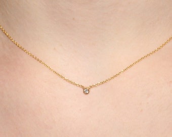 14kt Yellow Gold Bezel Set Diamond Solitaire Necklace Made to Order/ Floating Diamond Necklace / Made to Order