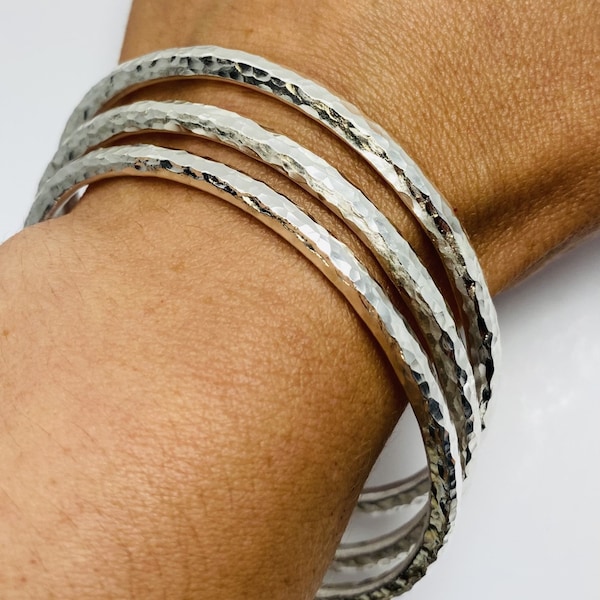 Set of Three Chunky Statement Sterling Hammered Handmade Bracelets - Sterling Silver Bangles  / Made to Order
