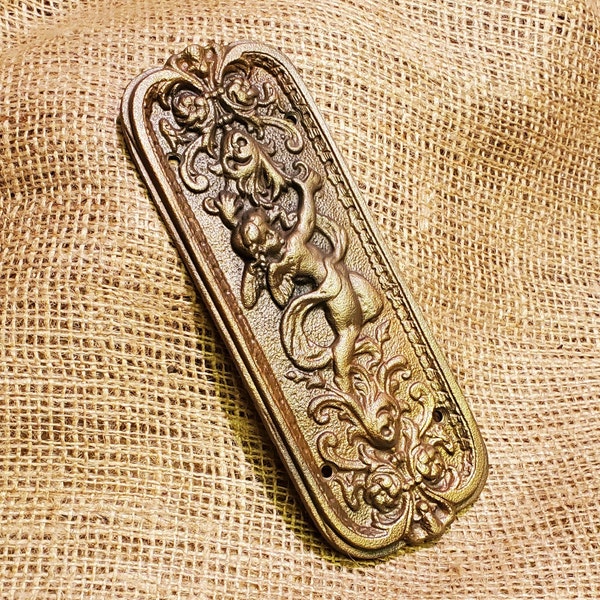 Door Push Plate - Cherub Antique Brass