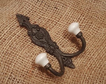 The French Style Double Robe Antique Iron or Antique Copper Hook with Ivory ceramic ball tips