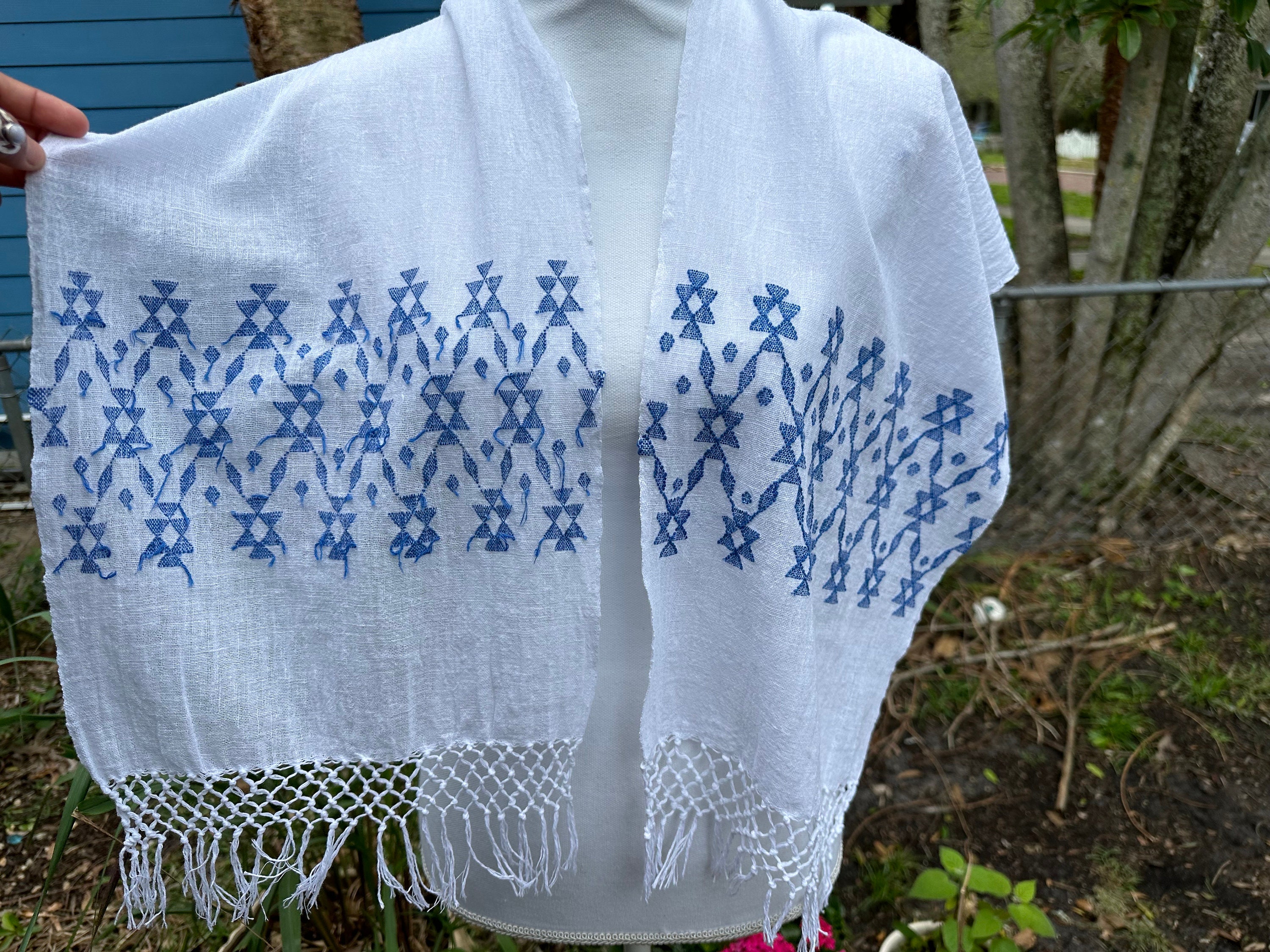 Blue Patterned//hand Woven//scarf Gauze//white Scarf//mayan