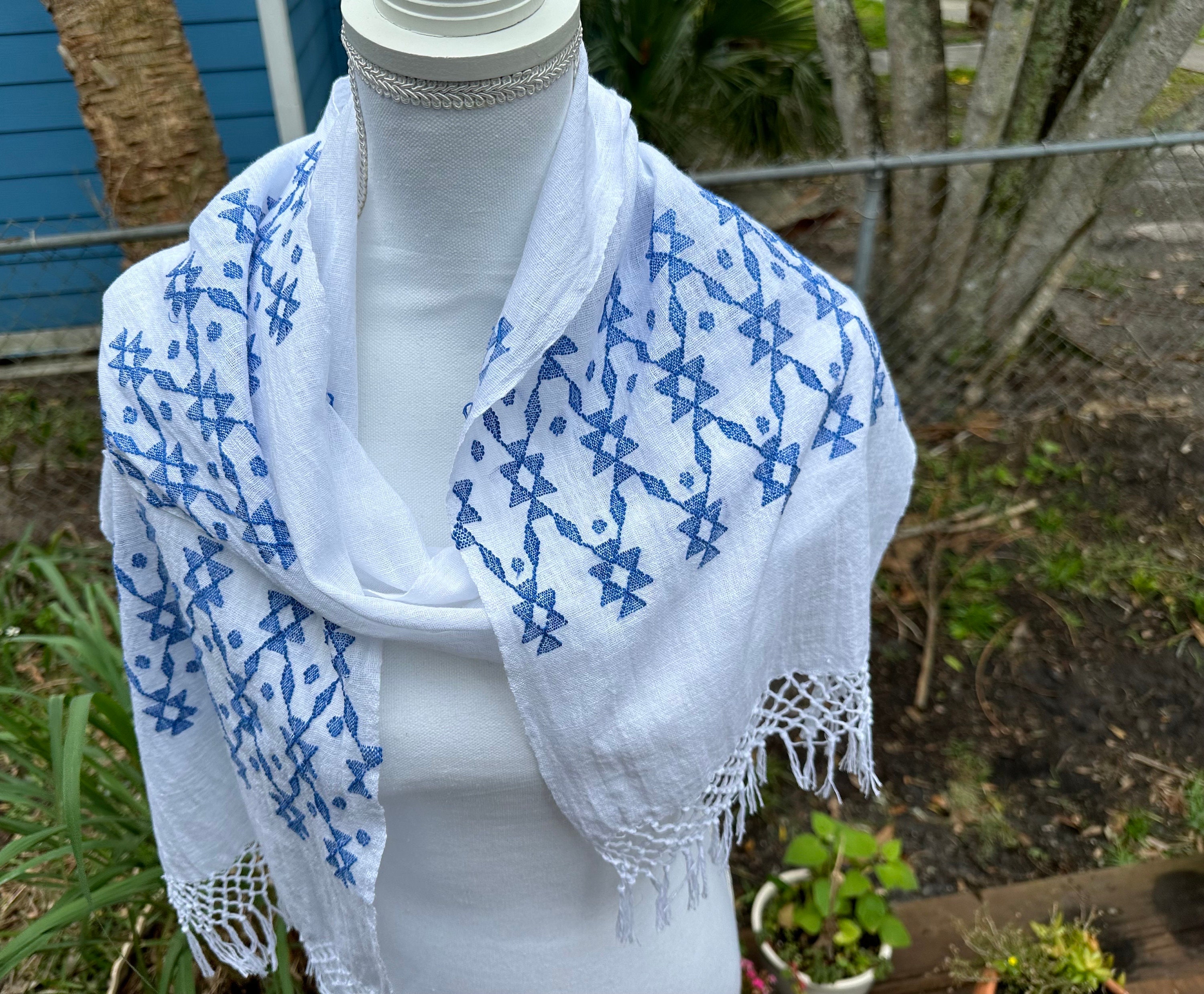 小物 sacai / BELTED KNIT SCARF Blue Patterned//hand Woven//scarf Gauze//white Scarf//mayan