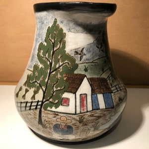 Chon Mexican Hand Painted Pottery Farm Scene Milk Pitcher