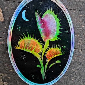 May include: Oval sticker featuring a Venus flytrap illustration. The plant has green, orange, and pink coloring against a black background with a crescent moon and stars. The sticker has a holographic border.