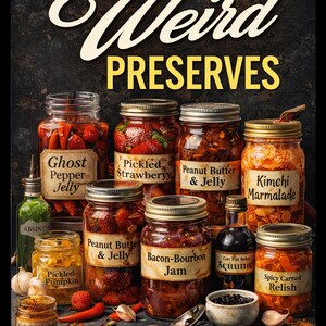 May include: A collection of glass jars filled with various preserves, including Ghost Pepper Jelly, Pickled Strawberry, and Bacon-Bourbon Jam. The image features the text "Weird Preserves" and the author's name, Robert Griffith.