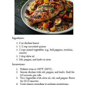 May include: A plate of grilled chicken breast with quinoa and roasted vegetables. The chicken is cooked to a golden brown and has grill marks. The quinoa is fluffy and white. The vegetables are a mix of red, orange, and green. The plate is on a wooden table.