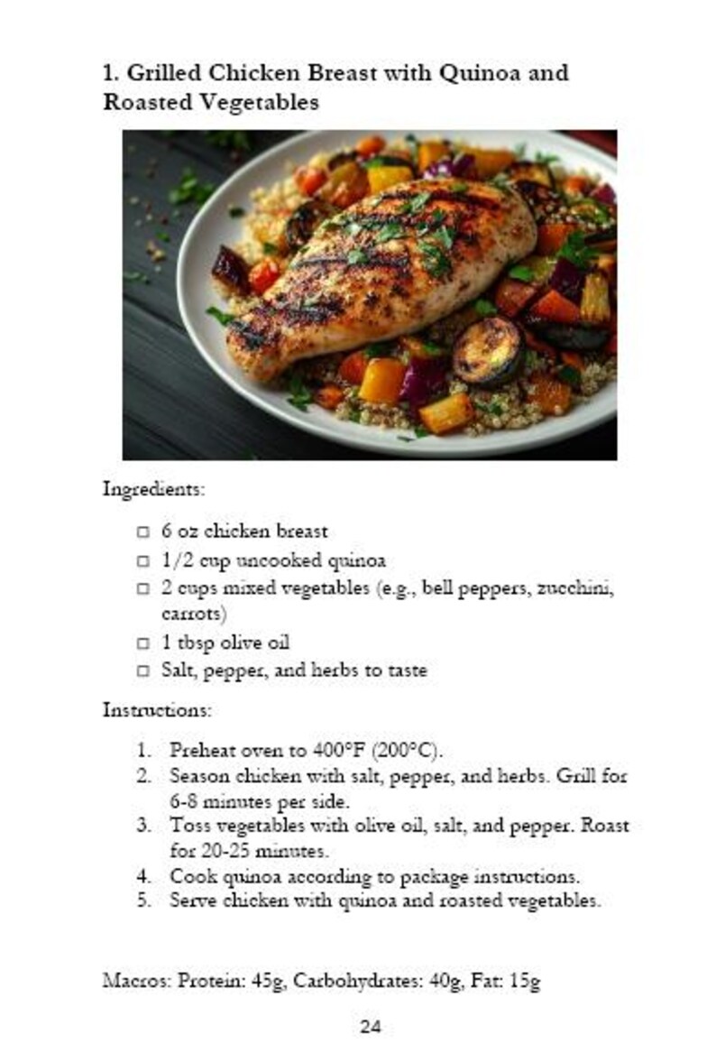 May include: A plate of grilled chicken breast with quinoa and roasted vegetables. The chicken is cooked to a golden brown and has grill marks. The quinoa is fluffy and white. The vegetables are a mix of red, orange, and green. The plate is on a wooden table.
