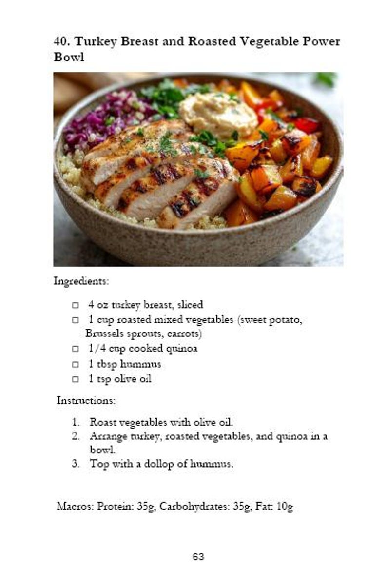 May include: A bowl filled with a healthy and colorful meal. The bowl contains roasted vegetables, cooked quinoa, sliced turkey breast, and a dollop of hummus. The text on the image reads "40. Turkey Breast and Roasted Vegetable Power Bowl".