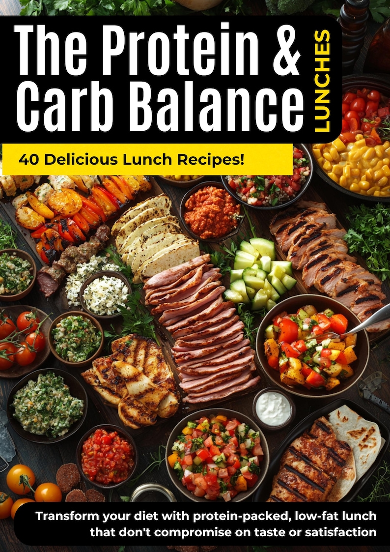 May include: A close-up of a wooden platter filled with various lunch dishes, including grilled chicken, sliced meat, salads, and vegetables. The text "The Protein & Carb Balance" and "40 Delicious Lunch Recipes!" is displayed at the top of the image.