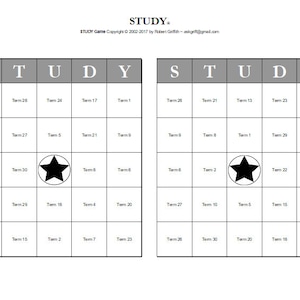 May include: A black and white bingo card with the word "STUDY" at the top. The card is divided into a 5x5 grid with the words "Term 1" through "Term 30" in each square. There is a black star in the center square.