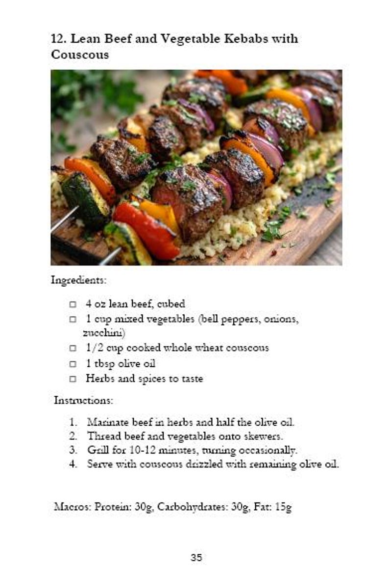 May include: A close-up of lean beef and vegetable kebabs with couscous. The kebabs are grilled and include bell peppers, onions, and zucchini. The couscous is a light yellow color. The image includes the text "Ingredients:" and a list of ingredients, as well as "Instructions:" and a list of instructions.