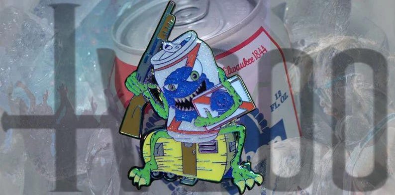 May include: A green monster holding a shotgun and a blue and white can with the text "Milwaukee 1844" and "12 FL OZ".