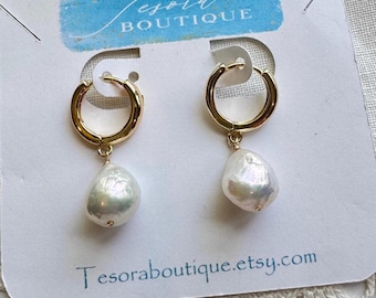Baroque Pearl Gold Filled Earrings: Dangle Freshwater Pearls