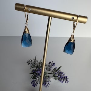 London Blue Topaz Quartz Gold Filled Gemstone Dangle Earrings, Gift for Her, Birthday Gift