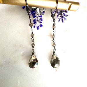 Pyrite & Smoky Quartz Dangle Earrings: Gunmetal Chain Leverback