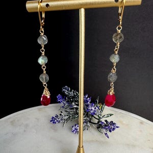 Labradorite and Ruby Gold Filled Dangle Earrings, Gemstone Jewelry, Flashy Labradorite, Artisan Jewelry
