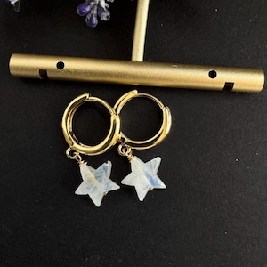 Rainbow Moonstone Star Earrings: Gold Filled Hoops, Dangle Gemstone