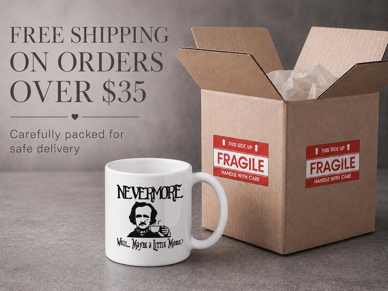 May include: A white ceramic mug featuring a black graphic illustration of Edgar Allan Poe holding a small cup. The text above the illustration reads NEVERMORE, and the text below reads Well... Maybe a Little More? The mug has a standard handle.