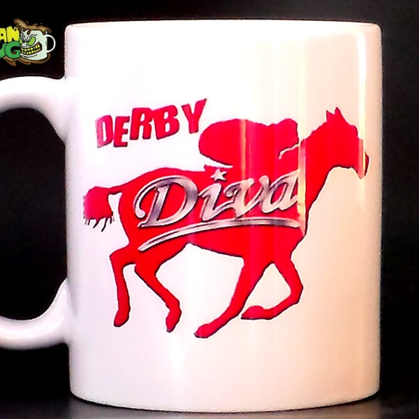 Horse Racing 11 oz Coffee Mug- Derby Diva with Horse and Jockey in Hot Pink- Kentucky Derby Party Gift