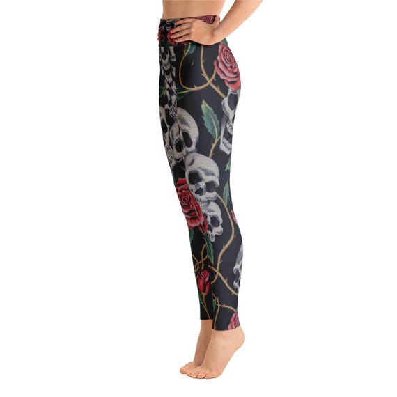 Black Skull Rose Yoga Leggings Capri Yoga Pants Sport | Etsy