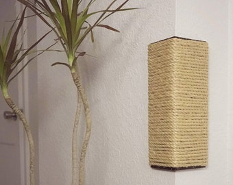 Wall Corner Cat Scratching Post 12 Inch Tall, Stained Pine, Sisal Rope