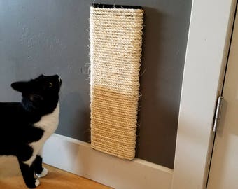 Flat Wall Mounted Cat Scratching Post 18 inches Tall, Stained Pine, Sisal Rope