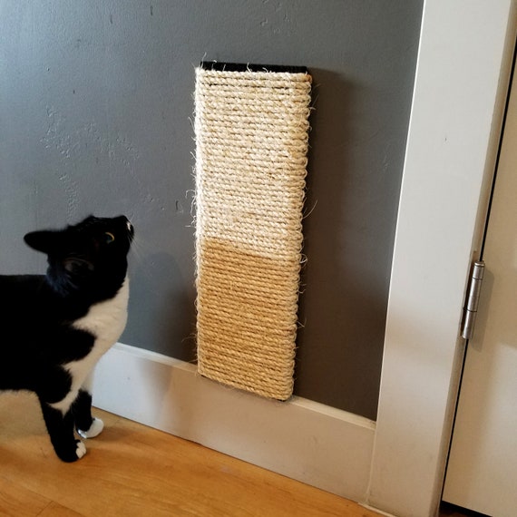Flat Wall Mounted Cat Scratching Post 36 Inches Tall Stained Pine Sisal Rope