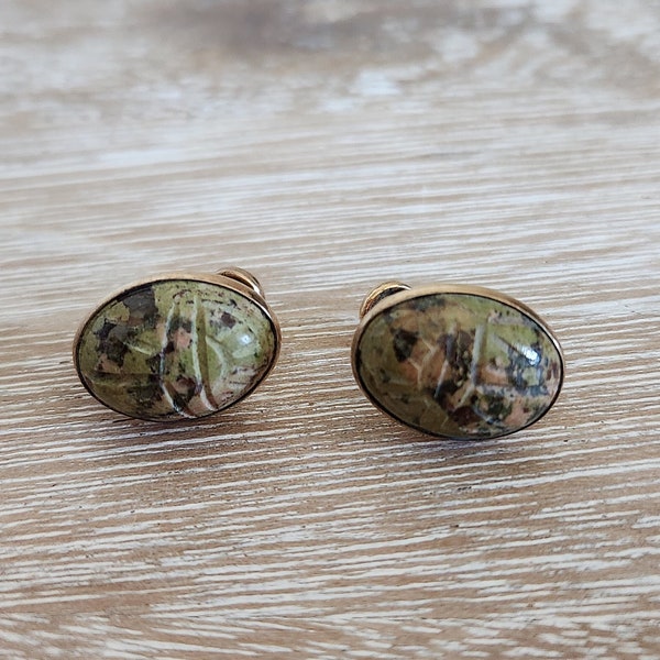 Vintage Jasper 12k Gold Filled Carved Scarab Beetle Earrings / 40’s Bojar Semi Precious Gemstone Screwback Egyptian Revival Earrings