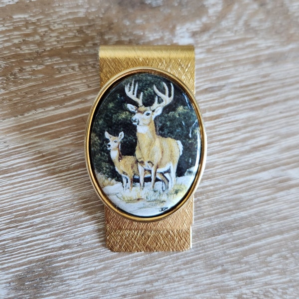 Vintage 90s Brushed Gold Deer Money Clip / / / Buck and Doe Hunter’s Money Clip