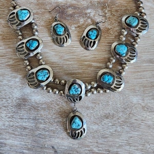 Vintage Southwest Style Bear Paw Shadowbox Statement Necklace and Earring Set / Faux Turquoise + Silver Native American Inspired PLEASE READ