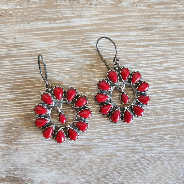 Vintage 90s Southwestern Red Coral Qreath and Dangle Drop Earrings / / Carolyn Pollack 925 Relios Earrings New Mexico