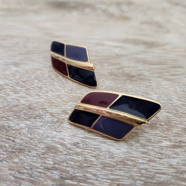 Abstract Vintage Crown Trifari Enamel Purple and Gold Multi-Toned Clip-On Earrings / 70s Modern Designer Earrings