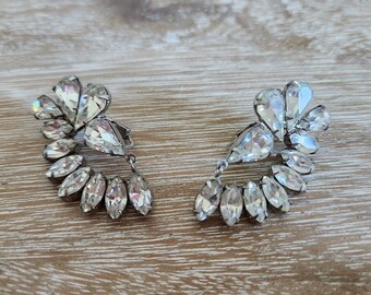 Glittering Vintage Signed Sandor Party Clip-On Earrings / / / Festive Rhinestone 50’s Jewelry