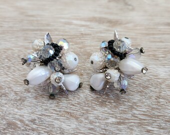Vintage Vendome Beaded Cluster Earrings: Aurora Borealis Rhinestone Faux Pearl Starburst