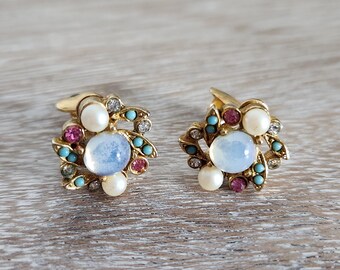 Vintage ART Clip On Earrings: Moonstone, Faux Turquoise & Pearl