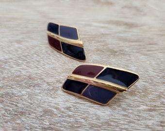 Abstract Vintage Crown Trifari Enamel Purple and Gold Multi-Toned Clip-On Earrings / 70s Modern Designer Earrings