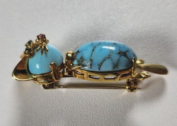 Vintage Unoaerre Italian 18k Gold Cat Brooch: Tur… - image 4