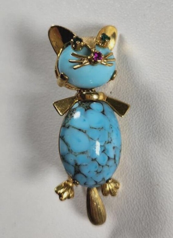 Vintage Unoaerre Italian 18k Gold Cat Brooch: Tur… - image 3