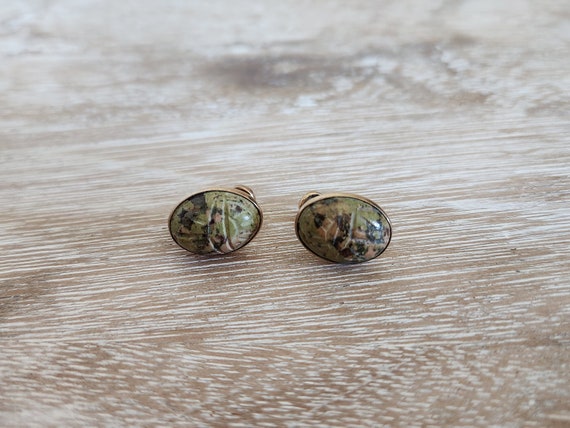 Vintage Jasper Scarab Beetle Earrings: 12k Gold Filled Egyptian Revival