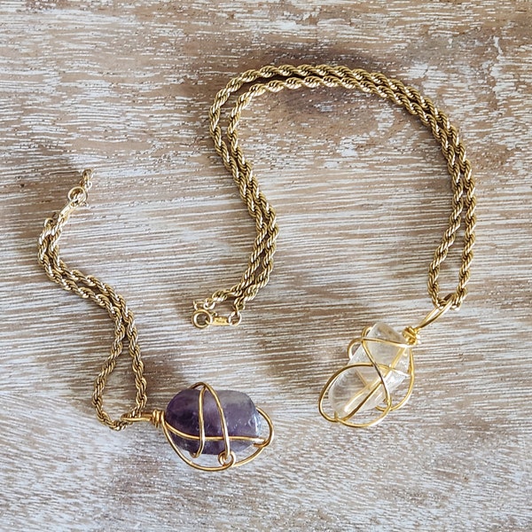 Vintage Wire Wrapped Gem Duo on Crown Trifari Rope Chains / / Necklace and Bracelet Quartz and Amethyst on Mismatched Signed Trifari Chains