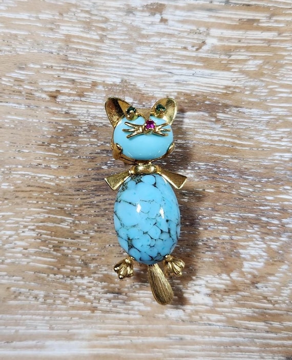 Vintage Unoaerre Italian 18k Gold Cat Brooch: Tur… - image 2
