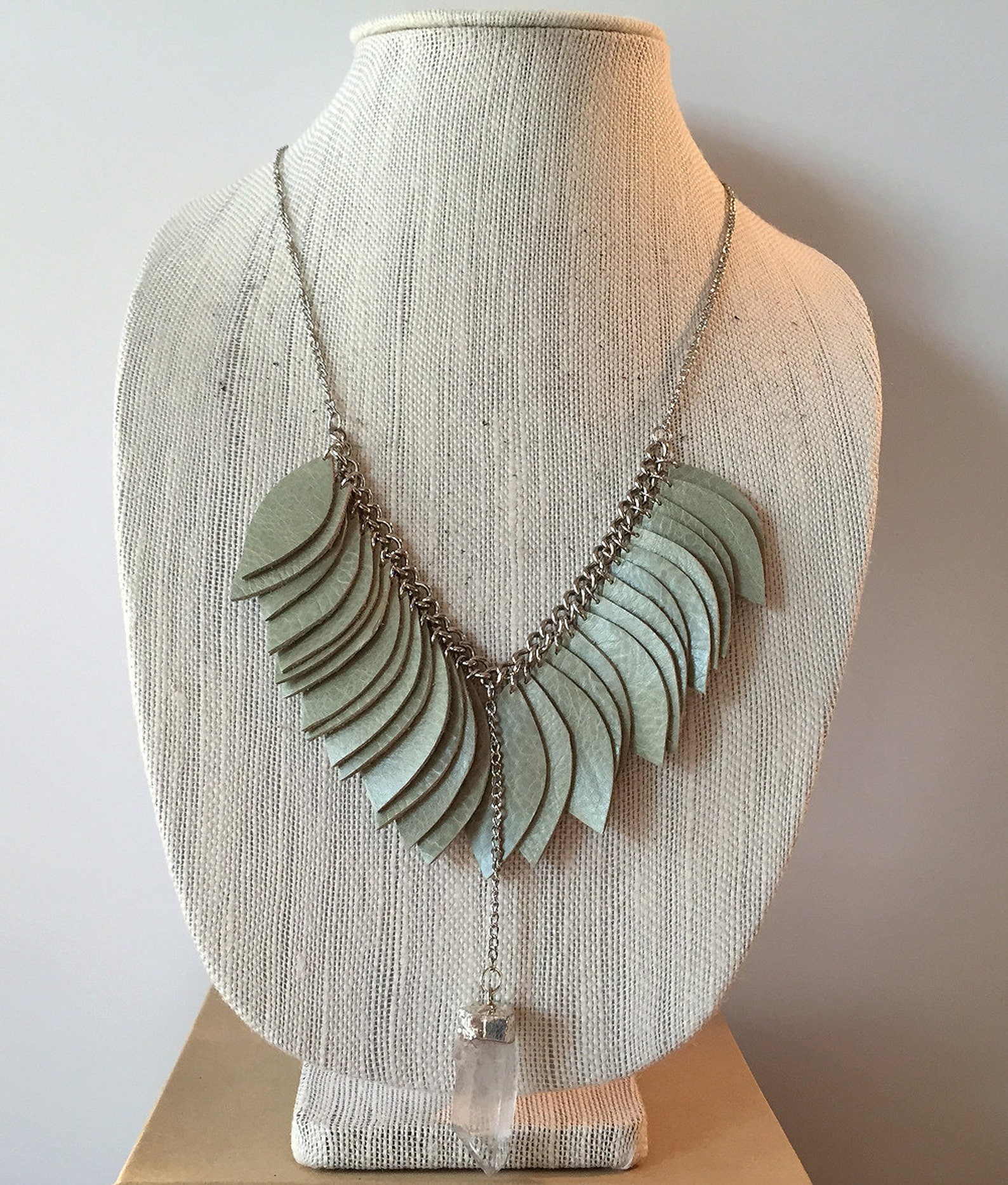 Mint Green Leather Necklace with Crystal Etsy