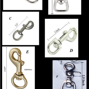 May include: A collection of seven metal swivel trigger snaps and a carabiner labeled A through G. Sizes include 2 7/8 inch, 2 inch, 3.5 inch, 3 inch, 3 1/4 inch, 2.5 inch, and 3 1/8 inch. The hardware is silver-toned, except for one solid brass snap.