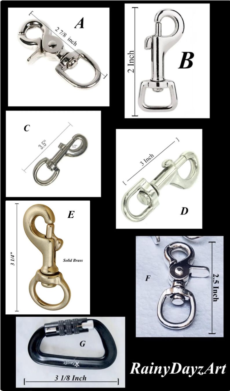 May include: A collection of seven metal swivel trigger snaps and a carabiner labeled A through G. Sizes include 2 7/8 inch, 2 inch, 3.5 inch, 3 inch, 3 1/4 inch, 2.5 inch, and 3 1/8 inch. The hardware is silver-toned, except for one solid brass snap.
